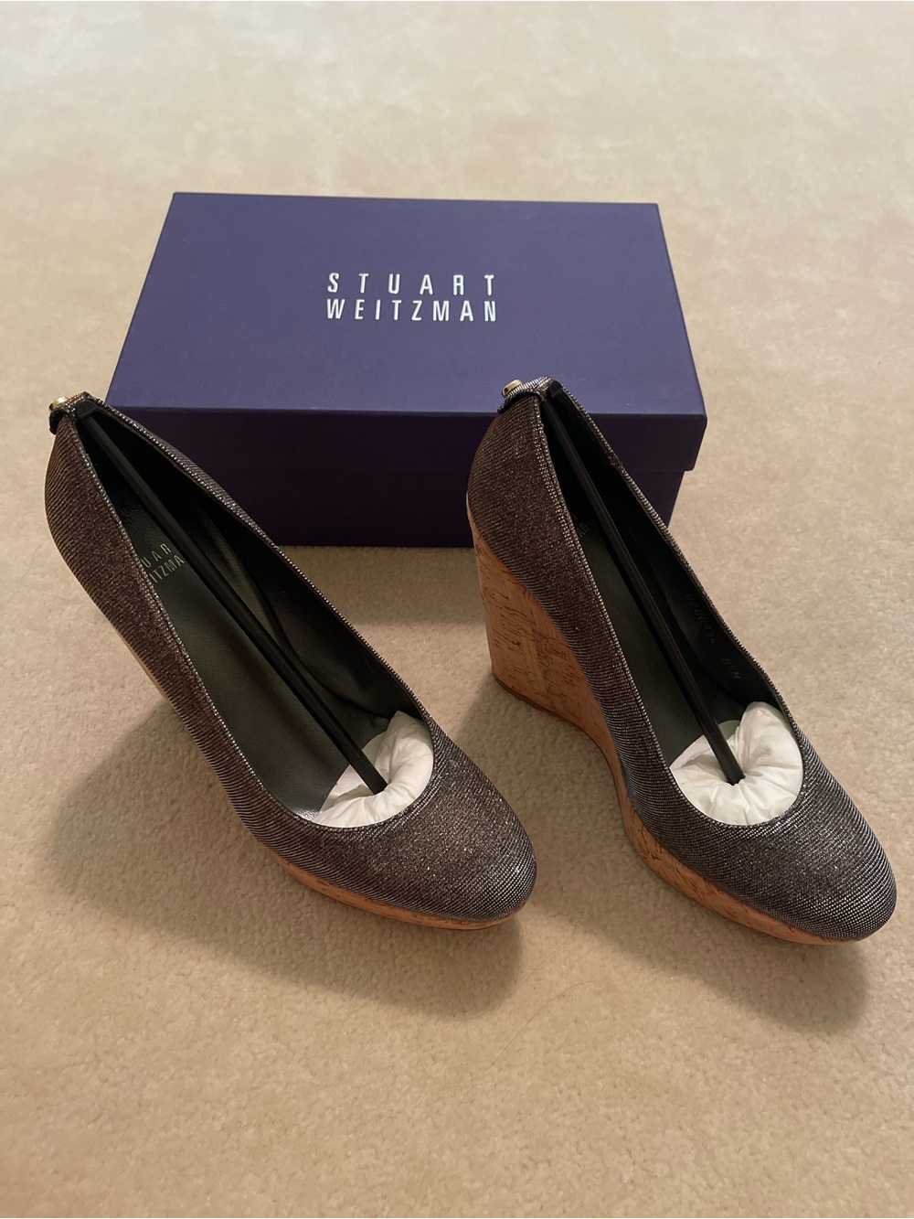 Stuart Weitzman Metallic Gray Cork Wedge Heels